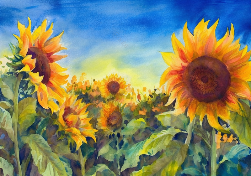 凉爽夏日盛开黄色向日葵花田蓝色天空特写水彩插画,插画/手绘图,插画/手绘图库,插画/手绘图下载,插画/手绘